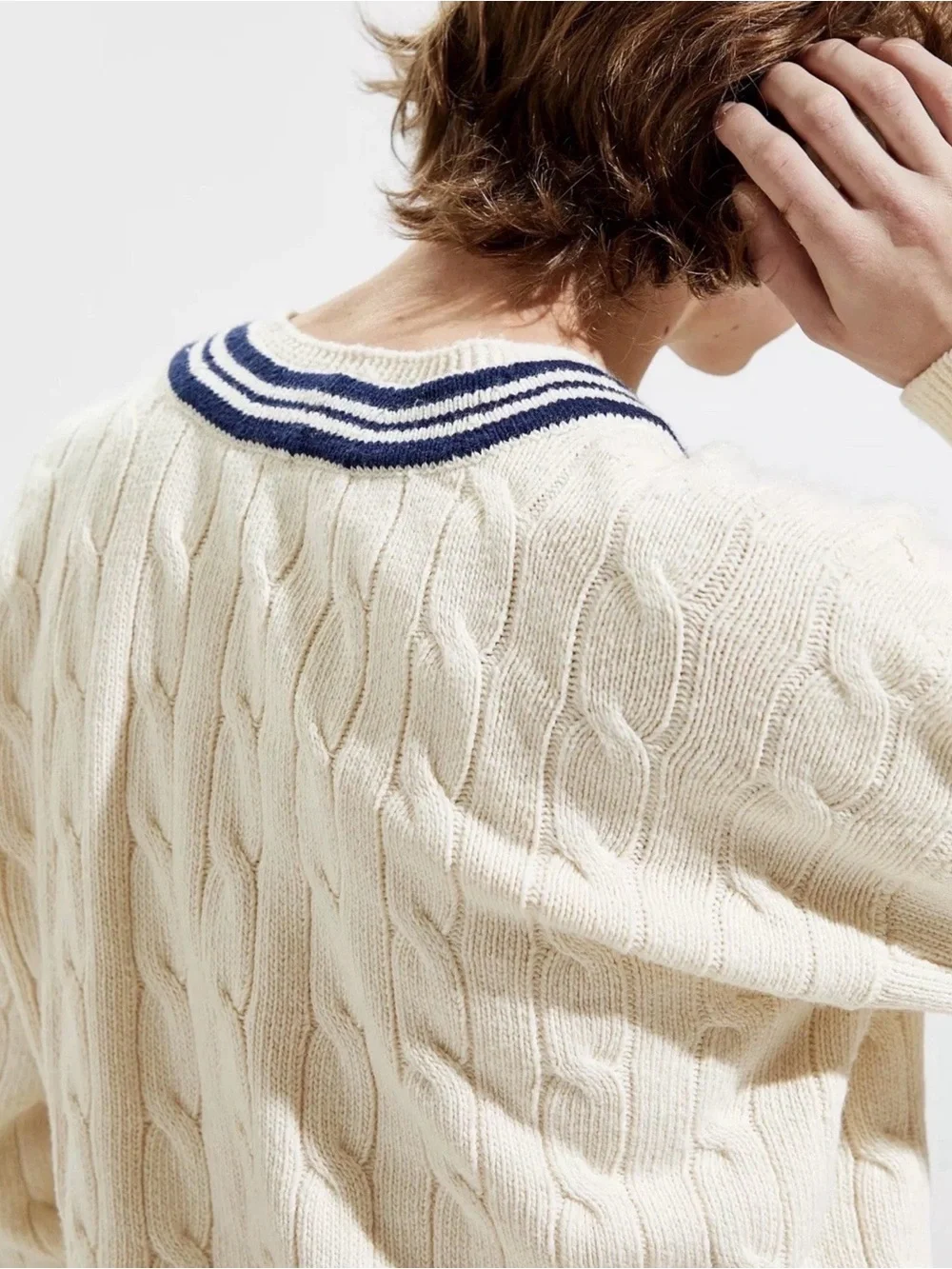 Polo by Ralph Lauren White Cable-Knit V-Neck Sweater with Navy Trim